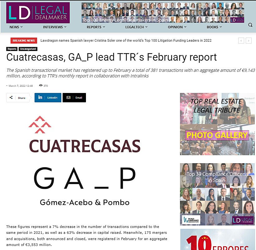 Cuatrecasa, GA_P lead TTR's February report